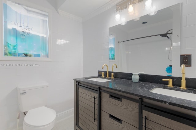 246 NE 13th St, Delray Beach, FL 33444 - full bath with ornamental molding, double vanity, tile walls, and a shower