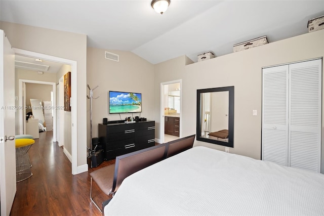 1115 SW 180th Ter, Pembroke Pines, FL 33029 - bedroom featuring dark wood-style floors, vaulted ceiling, a closet, and ensuite bathroom