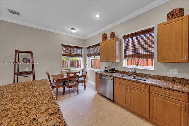14141 SW 54th St, Miramar, FL 33027 - kitchen featuring dishwasher, ornamental molding, plenty of natural light, light tile patterned floors, and recessed lighting