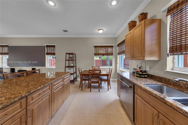14141 SW 54th St, Miramar, FL 33027 - kitchen with dishwasher, ornamental molding, dark stone counters, light tile patterned floors, and recessed lighting