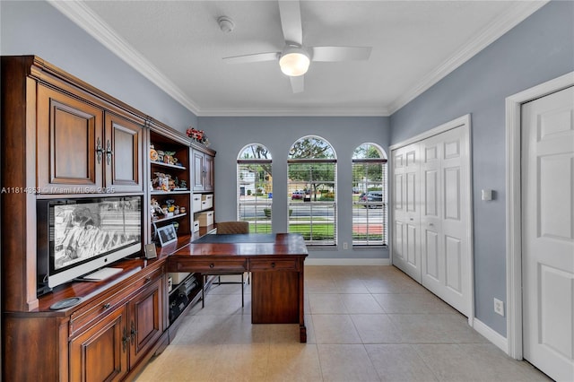 14141 SW 54th St, Miramar, FL 33027 - office space featuring a ceiling fan, light tile patterned floors, and ornamental molding