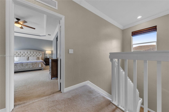 14141 SW 54th St, Miramar, FL 33027 - corridor with crown molding, carpet floors, a textured wall, and an upstairs landing