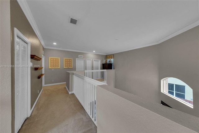 14141 SW 54th St, Miramar, FL 33027 - hall with recessed lighting, crown molding, light colored carpet, and an upstairs landing