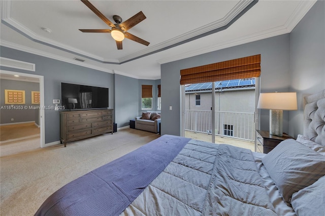 14141 SW 54th St, Miramar, FL 33027 - carpeted bedroom with a raised ceiling, ornamental molding, access to exterior, and ceiling fan