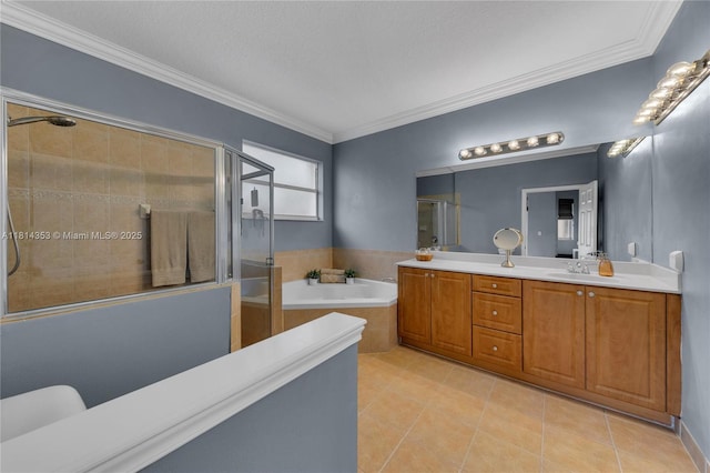 14141 SW 54th St, Miramar, FL 33027 - full bath with a shower stall, a bath, tile patterned flooring, double vanity, and ornamental molding