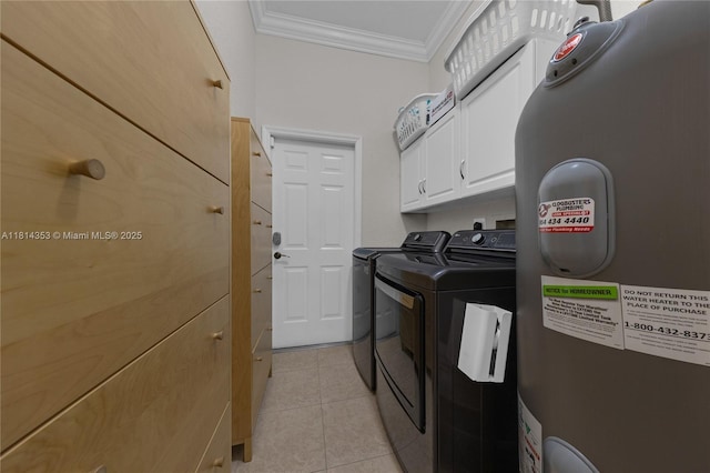 14141 SW 54th St, Miramar, FL 33027 - laundry area featuring cabinet space, ornamental molding, washer and dryer, light tile patterned flooring, and water heater
