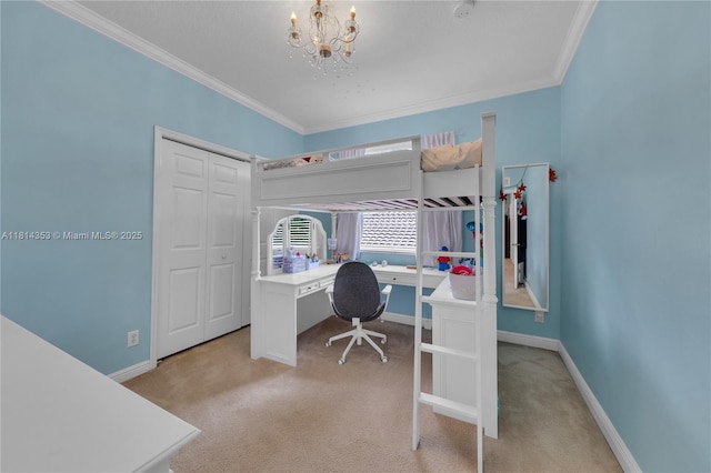 14141 SW 54th St, Miramar, FL 33027 - carpeted bedroom featuring ornamental molding, a chandelier, an office area, and a closet