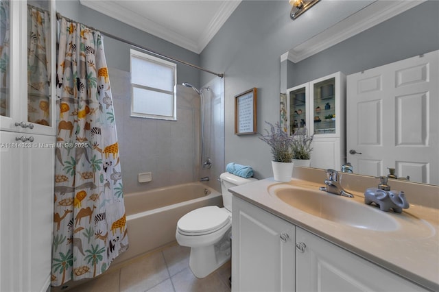 14141 SW 54th St, Miramar, FL 33027 - full bathroom featuring shower / bath combo, vanity, tile patterned floors, and crown molding