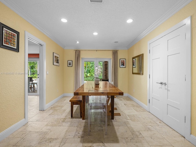 6005 SW 135th Ter, Pinecrest, FL 33156 - dining area featuring stone tile flooring, recessed lighting, crown molding, and a textured ceiling