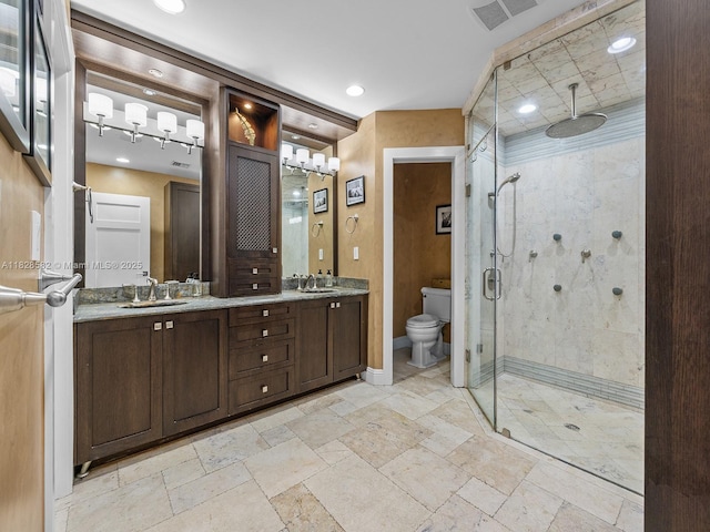 6005 SW 135th Ter, Pinecrest, FL 33156 - full bathroom featuring a stall shower, double vanity, and stone tile flooring