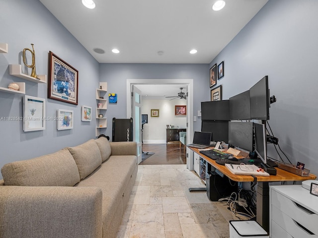 6005 SW 135th Ter, Pinecrest, FL 33156 - office space featuring a ceiling fan, stone tile flooring, and recessed lighting