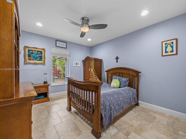 6005 SW 135th Ter, Pinecrest, FL 33156 - bedroom featuring stone tile flooring, recessed lighting, and ceiling fan