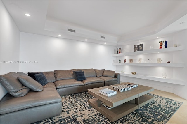 3301 NE 183rd St Unit 1803, Aventura, FL 33160 - living room featuring a tray ceiling, recessed lighting, and built in features