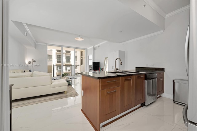 4100 Salzedo St Unit 515, Coral Gables, FL 33146 - kitchen with open floor plan, stainless steel dishwasher, ornamental molding, brown cabinets, and a peninsula
