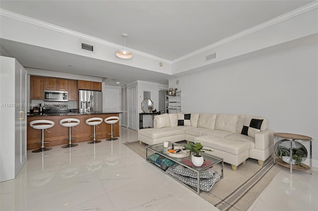 4100 Salzedo St Unit 515, Coral Gables, FL 33146 - living area with ornamental molding and light marble finish floors