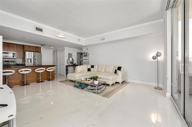 4100 Salzedo St Unit 515, Coral Gables, FL 33146 - living area with crown molding and light marble finish floors