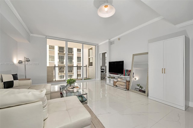 4100 Salzedo St Unit 515, Coral Gables, FL 33146 - living room with crown molding, marble tiled flooring, and a wall of windows
