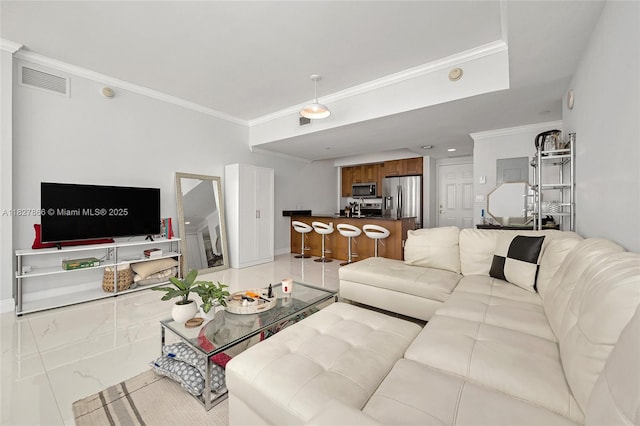 4100 Salzedo St Unit 515, Coral Gables, FL 33146 - living room with crown molding and light marble finish floors
