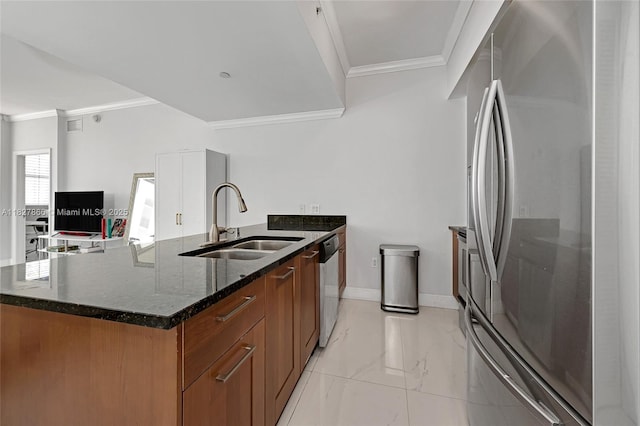 4100 Salzedo St Unit 515, Coral Gables, FL 33146 - kitchen featuring stainless steel appliances, ornamental molding, brown cabinets, light marble finish floors, and dark stone counters