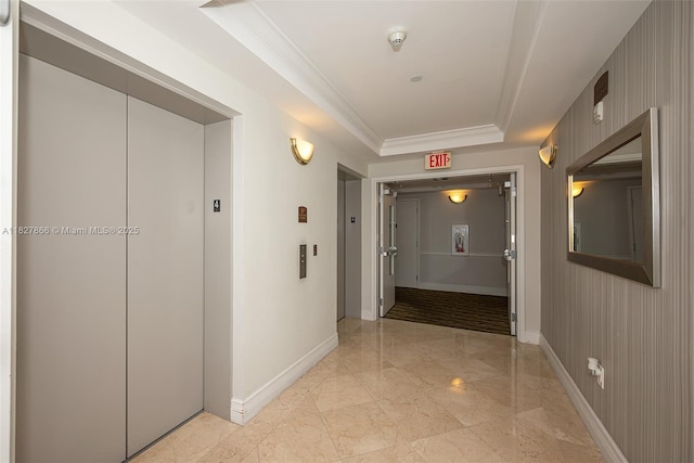 4100 Salzedo St Unit 515, Coral Gables, FL 33146 - hallway with elevator, light marble finish floors, a tray ceiling, and crown molding