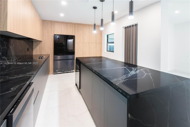 2181 SW 20th St, Miami, FL 33145 - kitchen with freestanding refrigerator, modern cabinets, light marble finish flooring, light brown cabinets, and recessed lighting
