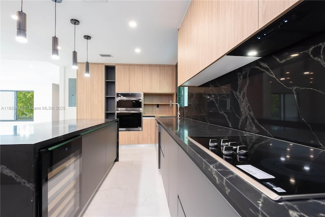 2181 SW 20th St, Miami, FL 33145 - kitchen featuring modern cabinets, wine cooler, stainless steel double oven, black electric stovetop, and light marble finish flooring
