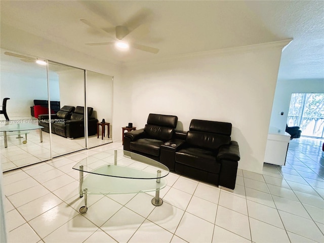 6080 Huntwick Ter Unit 305, Delray Beach, FL 33484 - living room with ceiling fan, tile patterned flooring, and ornamental molding