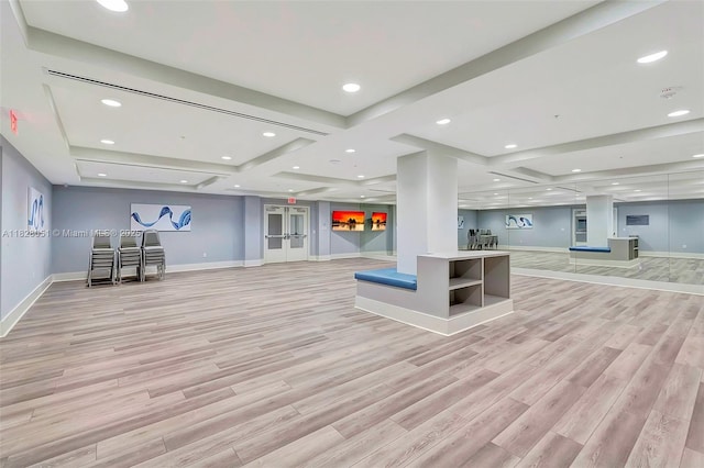 6080 Huntwick Ter Unit 305, Delray Beach, FL 33484 - unfurnished living room with light wood-style flooring, coffered ceiling, recessed lighting, and beam ceiling