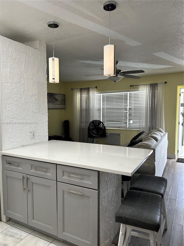 38 Northampton B 38, West Palm Beach, FL 33417 - kitchen featuring gray cabinets, a peninsula, ceiling fan, open floor plan, and a textured ceiling