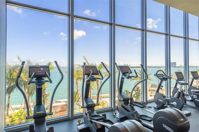 2900 NE 7th Ave Unit 2303, Miami, FL 33137 - workout area featuring a water view and a wall of windows