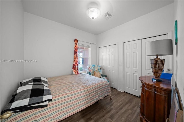 20025 Lake Vista Cir Unit 6B, Lehigh Acres, FL 33936 - bedroom featuring two closets and dark wood-style floors