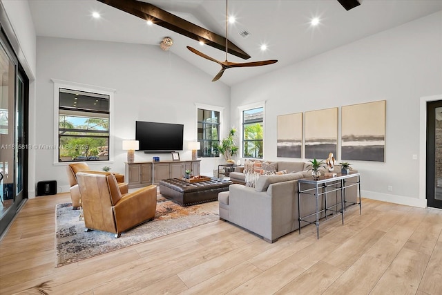 16675 C 24 Canal Rd, Port St Lucie, FL 34987 - living area featuring high vaulted ceiling, light wood finished floors, a ceiling fan, beamed ceiling, and recessed lighting