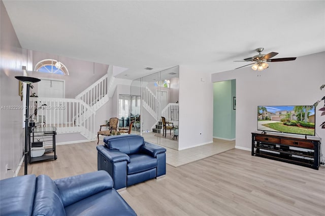 15827 NW 4th Ct, Pembroke Pines, FL 33028 - living area featuring stairs, wood finished floors, and ceiling fan