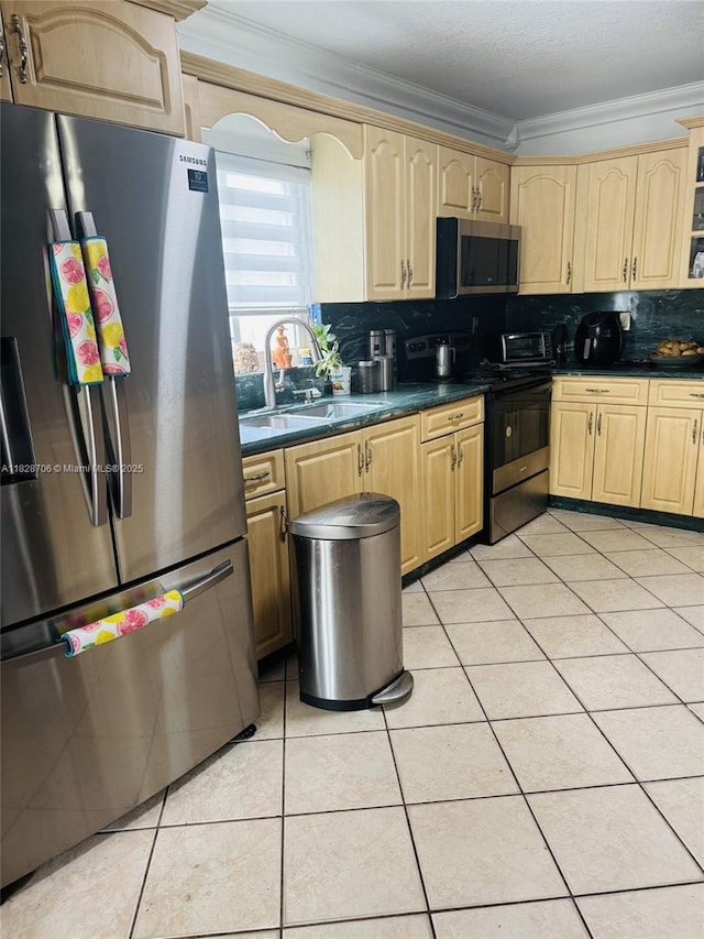 3915 NW 4th Ter, Miami, FL 33126 - kitchen featuring stainless steel appliances, ornamental molding, dark countertops, tasteful backsplash, and light tile patterned floors