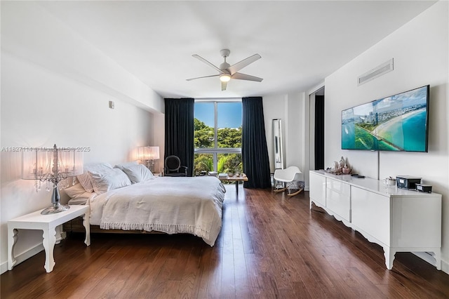 720 NE 62nd St Unit 403, Miami, FL 33138 - bedroom with floor to ceiling windows, dark wood-style floors, and ceiling fan