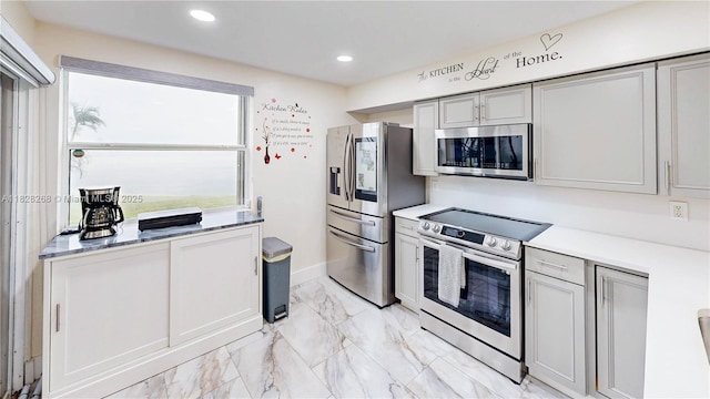889 Hamilton Dr Unit 889B, Homestead, FL 33034 - kitchen featuring appliances with stainless steel finishes, light marble finish floors, recessed lighting, light countertops, and gray cabinets