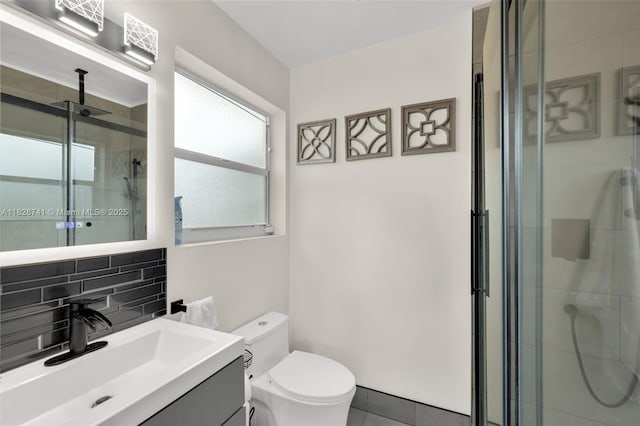 6601 Branch St, Hollywood, FL 33024 - bathroom with vanity, a stall shower, decorative backsplash, and tile patterned floors