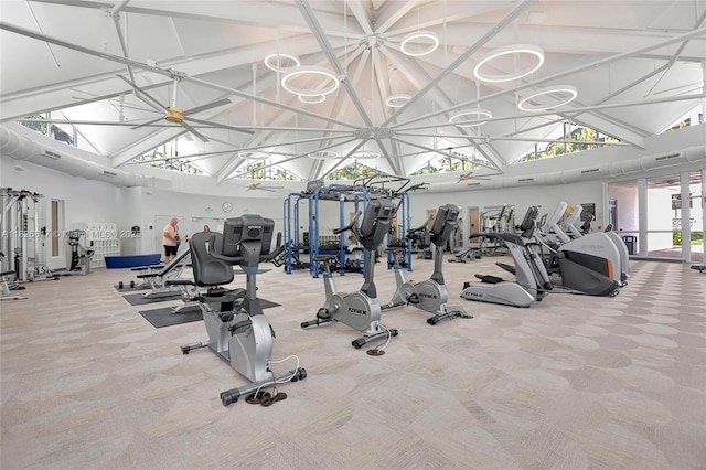 600 Three Islands Blvd Unit 1016, Hallandale Beach, FL 33009 - exercise room featuring high vaulted ceiling and carpet floors