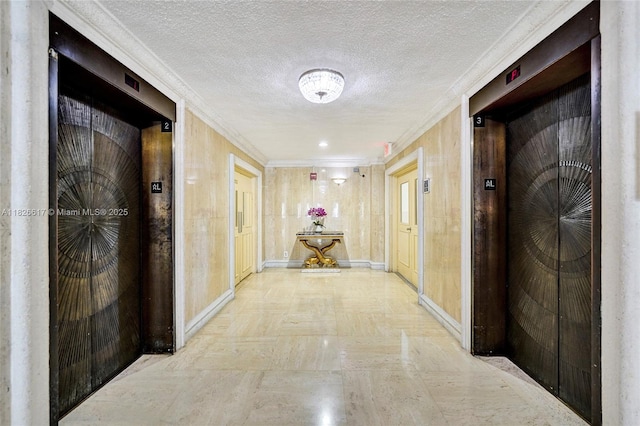 600 Three Islands Blvd Unit 1016, Hallandale Beach, FL 33009 - hallway featuring elevator, crown molding, and a textured ceiling