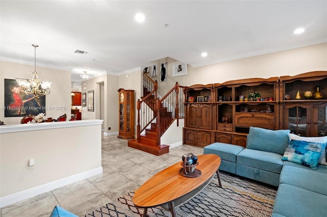 3055 NW 126th Ave Unit 107, Sunrise, FL 33323 - living area featuring stairs, ornamental molding, a chandelier, recessed lighting, and light tile patterned flooring