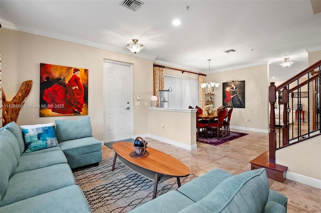 3055 NW 126th Ave Unit 107, Sunrise, FL 33323 - living area featuring a chandelier, stairway, crown molding, and light tile patterned floors