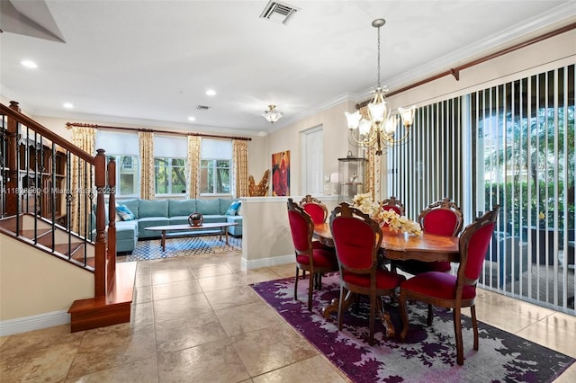3055 NW 126th Ave Unit 107, Sunrise, FL 33323 - tiled dining space featuring ornamental molding, a chandelier, stairs, and recessed lighting