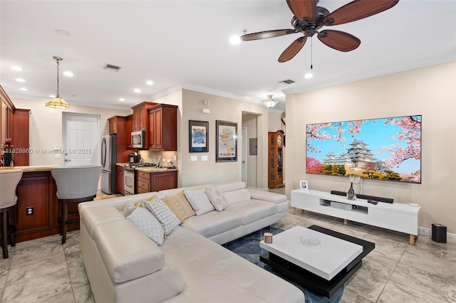 3055 NW 126th Ave Unit 107, Sunrise, FL 33323 - living room featuring crown molding, ceiling fan, and recessed lighting