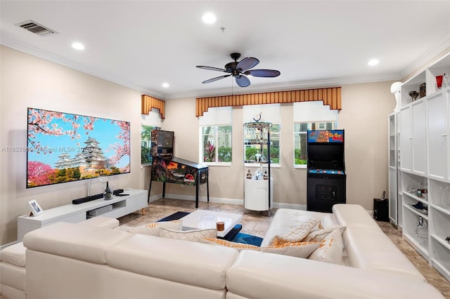 3055 NW 126th Ave Unit 107, Sunrise, FL 33323 - living area featuring a ceiling fan, crown molding, and recessed lighting