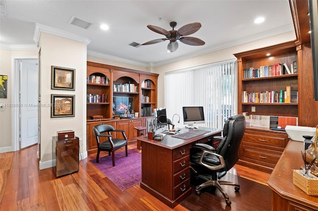 3055 NW 126th Ave Unit 107, Sunrise, FL 33323 - office area with a ceiling fan, dark wood-type flooring, and ornamental molding
