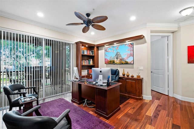 3055 NW 126th Ave Unit 107, Sunrise, FL 33323 - office with ceiling fan, wood finished floors, ornamental molding, and recessed lighting