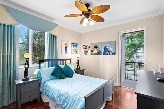 3055 NW 126th Ave Unit 107, Sunrise, FL 33323 - bedroom with access to outside, ornamental molding, dark wood-style flooring, and a ceiling fan