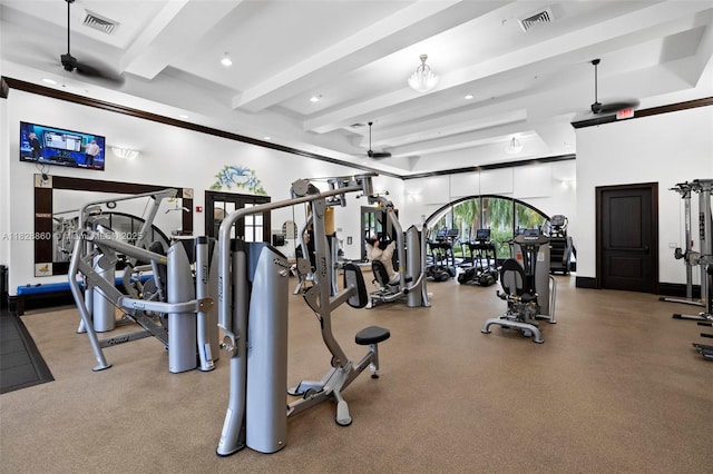 3055 NW 126th Ave Unit 107, Sunrise, FL 33323 - exercise room featuring beam ceiling, ceiling fan, and recessed lighting