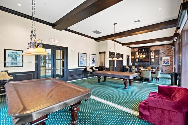 3055 NW 126th Ave Unit 107, Sunrise, FL 33323 - playroom featuring billiards table, carpet flooring, beam ceiling, a chandelier, and french doors