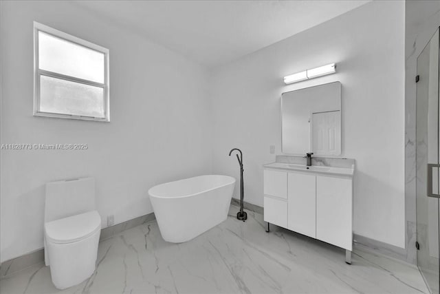 5046 SW 137th Ter, Miramar, FL 33027 - bathroom featuring marble look tiles, vanity, a soaking tub, and a marble finish shower